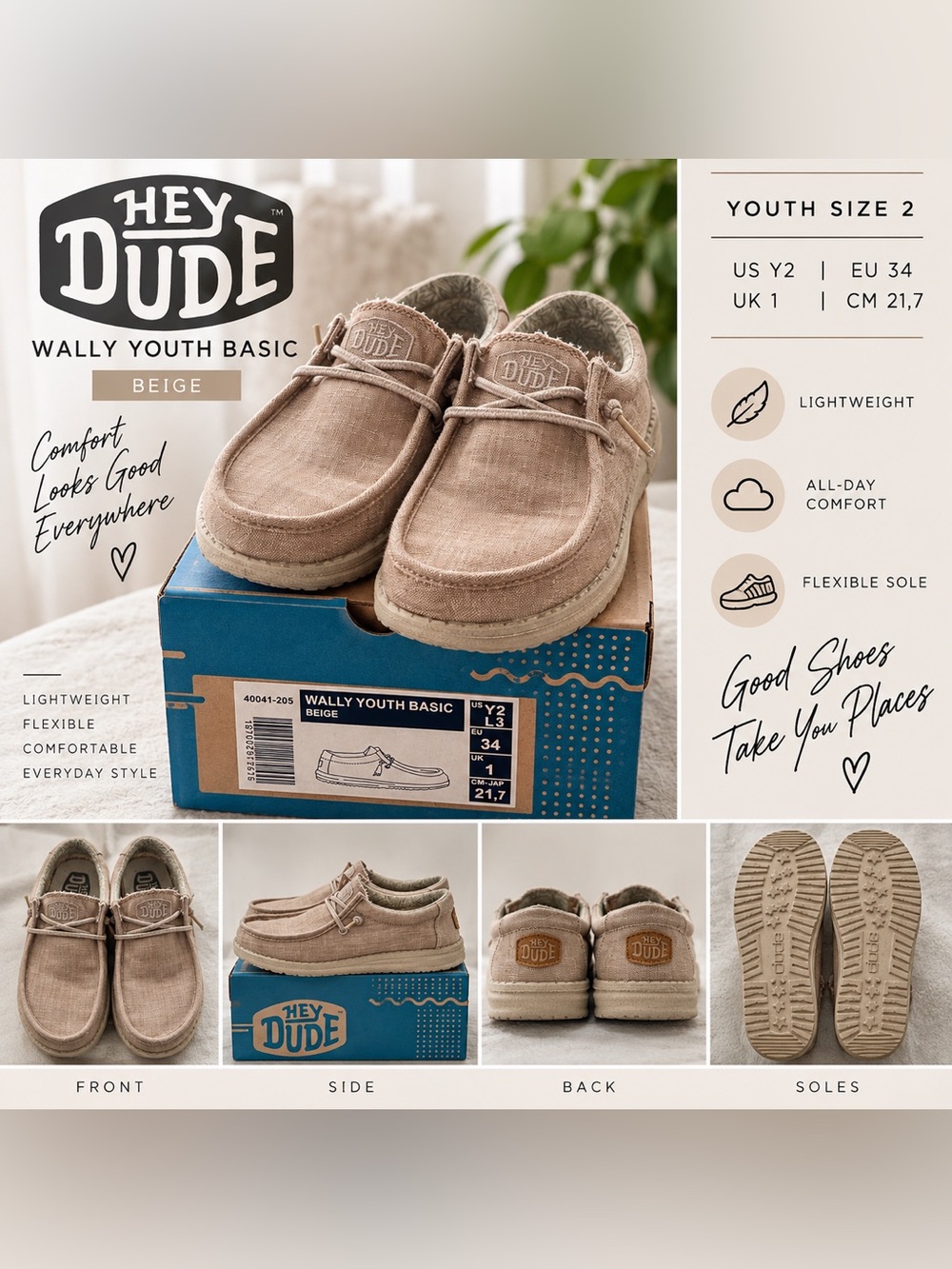 Hey Dude Wally Youth Basic Beige Canvas Slip-On Kids Moccasins